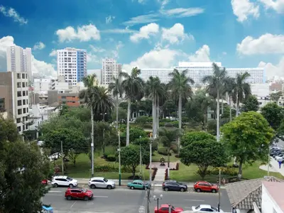 a city with palm trees and cars on a street at Hotel Sumaq Inn Sac in Lima