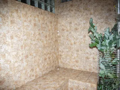 a tiled bathroom with a plant in the corner at Hostal Sueños in Lima