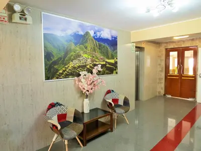 a lobby with two chairs and a painting on the wall at HOTEL ESTRELLA in Lima
