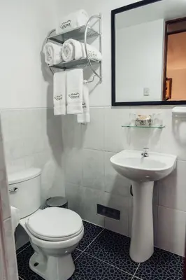 a bathroom with a toilet and a sink and a mirror at Hotel Retama Machupicchu in Machu Picchu