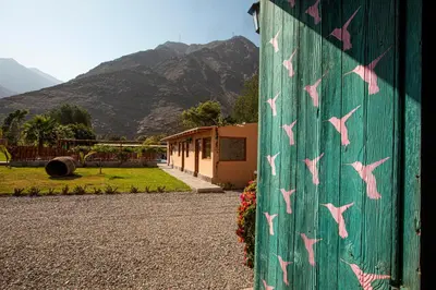 a wall with birds painted on it next to a building at La Confianza Hotel in Lunahuaná
