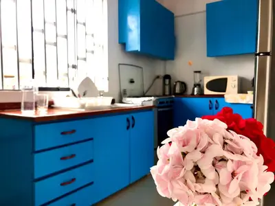a kitchen with blue cabinets and a large pink flower at BUGANVILIA in Paracas