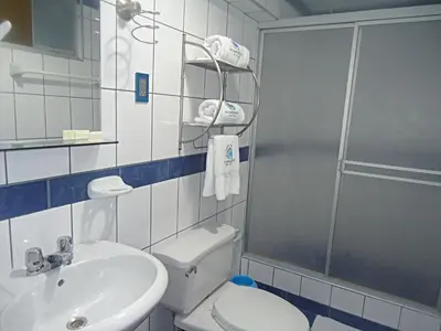 a bathroom with a shower and a toilet and a sink at Hotel Panamericano in Lima