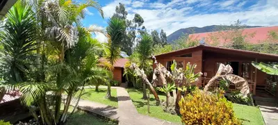 a house with palm trees in front of it at Chontaqui Eco-Lodge in Oxapampa