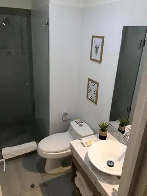 a bathroom with a toilet and a sink and a shower at MLA apartments - Buenos Aires in Lima