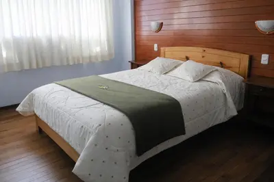 a bedroom with a large bed with a wooden wall at Hostal Arias in Oxapampa