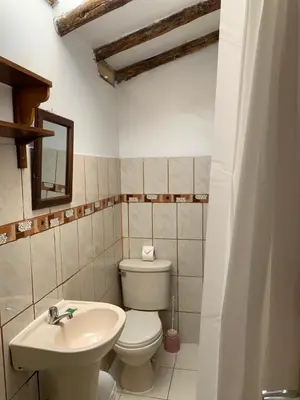 a bathroom with a white toilet and a sink at Casa Patacalle in Ollantaytambo