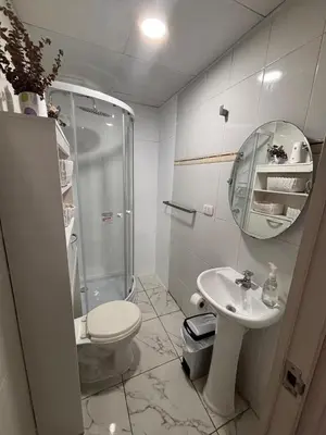 a bathroom with a shower and a toilet and a sink at Casa de Juan y Violeta in Lima
