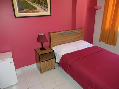 a bedroom with a bed and a red wall at Hostal Hellen Ross in Nazca