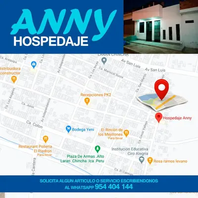 a map of ammy hospedia with a marker at Hospedaje Anny in Larán