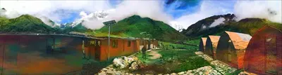 a painting of a mountain with a building in the foreground at Soraypampa Hostel - Private Cabins & Dorms for Self-Guided Humantay & Salkantay Trek -Comidas-hot shower-wifi-Pack horses in Salcantay