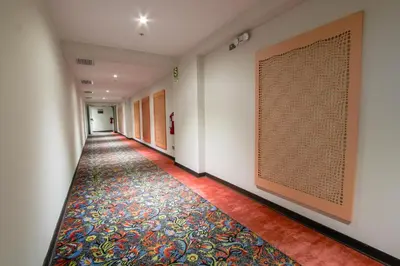 a corridor with a painting on the wall and a carpet at Hotel Britania Crystal Collection in Lima