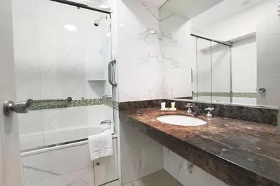 a bathroom with a sink and a shower at Hotel Britania Crystal Collection in Lima