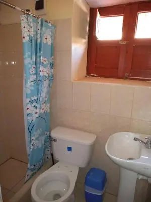 a bathroom with a toilet and a sink and a window at Hotel Sueños del Chuncho in Yauyos
