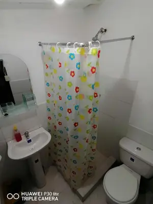a bathroom with a toilet and a shower curtain at Asiriq Wasi Casita de huéspedes in Cusco