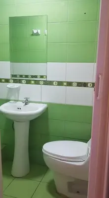a green and white bathroom with a toilet and a sink at HABITACIÓN ALBORADA 1 con baño privado in Lima