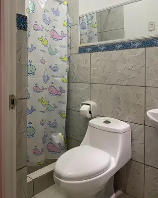 a bathroom with a toilet and a shower curtain at Olas inn in Asia