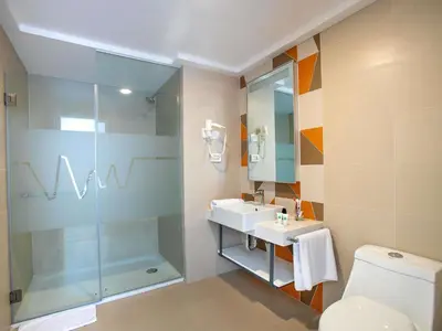 a bathroom with a shower and a sink and a toilet at ibis Styles Lima Benavides Miraflores in Lima