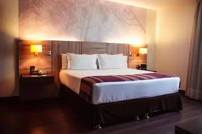 a hotel room with a large bed and two lamps at Aku Hotels in Lima