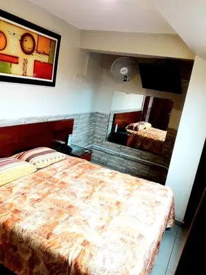 a bedroom with a large bed and a mirror at Hotel Dia y Noche in Lima