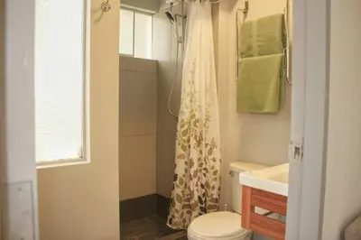 a bathroom with a shower curtain and a toilet at Lindo y moderno Excelente ubicación in Lima
