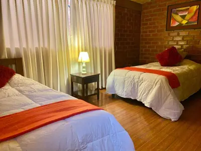 a bedroom with two beds and a brick wall at Hotel Colibri in San Vicente de Cañete