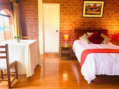 a bedroom with a bed and a table and a brick wall at Hotel Colibri in San Vicente de Cañete