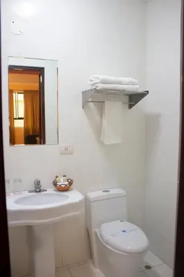a bathroom with a toilet and a sink and a mirror at Royal Garden Hotel in Lima