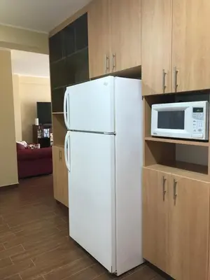 a kitchen with a white refrigerator and a microwave at Apartamentos Las Americas in Lima