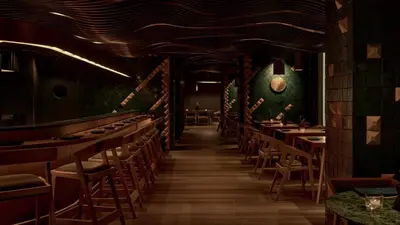 a restaurant with a long corridor with tables and chairs at SOUMA Hotel, Vignette Collection by IHG in Lima