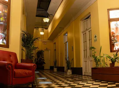 a lobby with a chair and potted plants at Hospedaje Santa Rosa- Centro Histórico in Lima