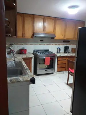 a kitchen with wooden cabinets and a stove top oven at Apart Hotel Don Ernesto in Lima