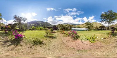a field with flowers and a house in the background at Vertikal lodge in Santa Teresa