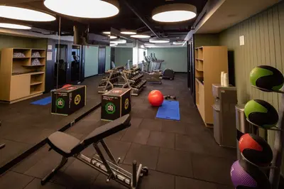 a gym with rows of exercise equipment and a red ball at Hilton Garden Inn Lima Miraflores in Lima