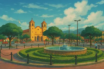 a painting of a fountain in front of a church at JUMANA in Nazca