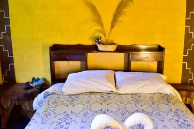 a bedroom with a bed with a plant on the wall at Salkantay Hostel Chaullay in Santa Teresa