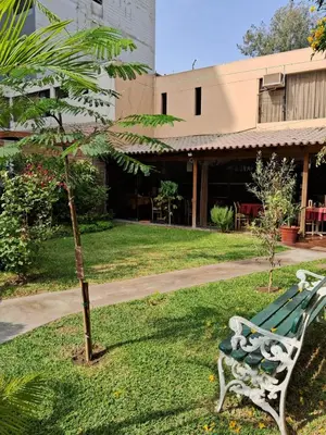 a park bench sitting in the grass next to a tree at Villas Del Sol Bed & Breakfast in Lima