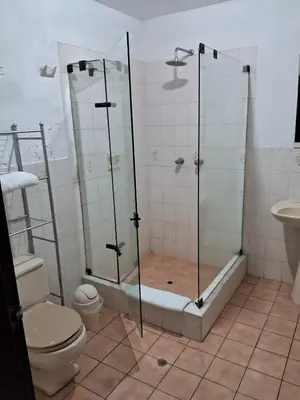 a bathroom with a shower with a toilet and a sink at Villas Del Sol Bed & Breakfast in Lima