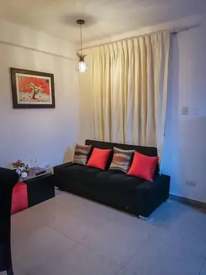 a living room with a black couch with red pillows at Full apartment independent entrance, services included in Lima