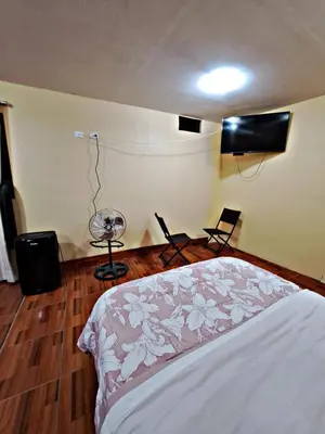 a bedroom with a bed and a fan and chairs at La Ruta in Paracas
