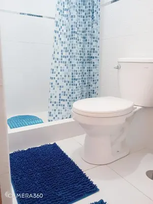 a bathroom with a toilet and a blue shower curtain at Qente Wings in Ollantaytambo