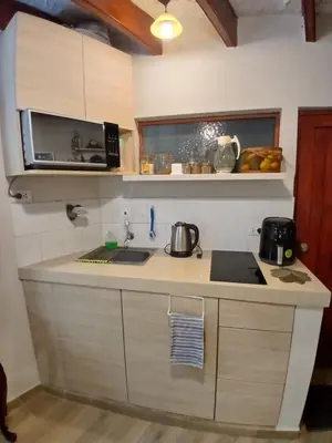 a kitchen counter with a sink and a microwave at Central, cozy & self-contained petfriendly apartments in the heart of Miraflores in Lima