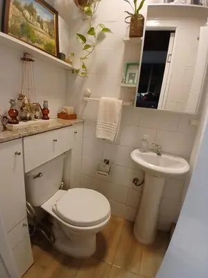 a small bathroom with a toilet and a sink at Central, cozy & self-contained petfriendly apartments in the heart of Miraflores in Lima
