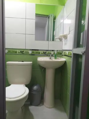 a green and white bathroom with a toilet and a sink at Chakana Family Home 2 Lima Airport in Lima