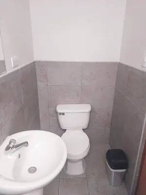 a bathroom with a white toilet and a sink at Residencia Benavides in San Vicente de Cañete