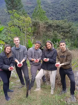 a group of people standing in a field with plants at Lia B&B Lucmabamba in Sahuayacu