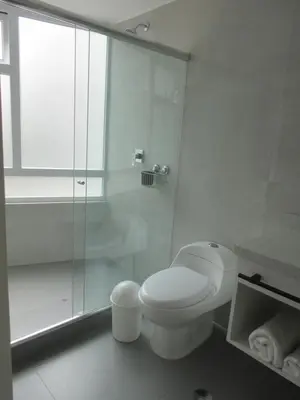 a white bathroom with a shower and a toilet at Venue Studios in Lima