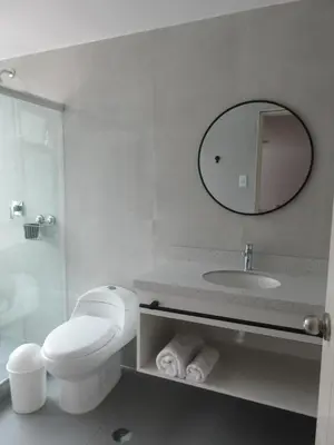 a bathroom with a toilet and a sink and a mirror at Venue Studios in Lima