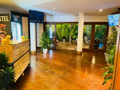 a living room with a wooden floor and plants at Rainbow Hostel in Lima