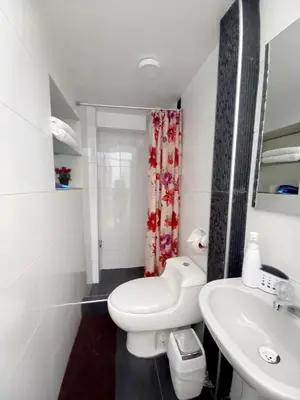 a white bathroom with a toilet and a sink at Cusco Centro Home in Cusco